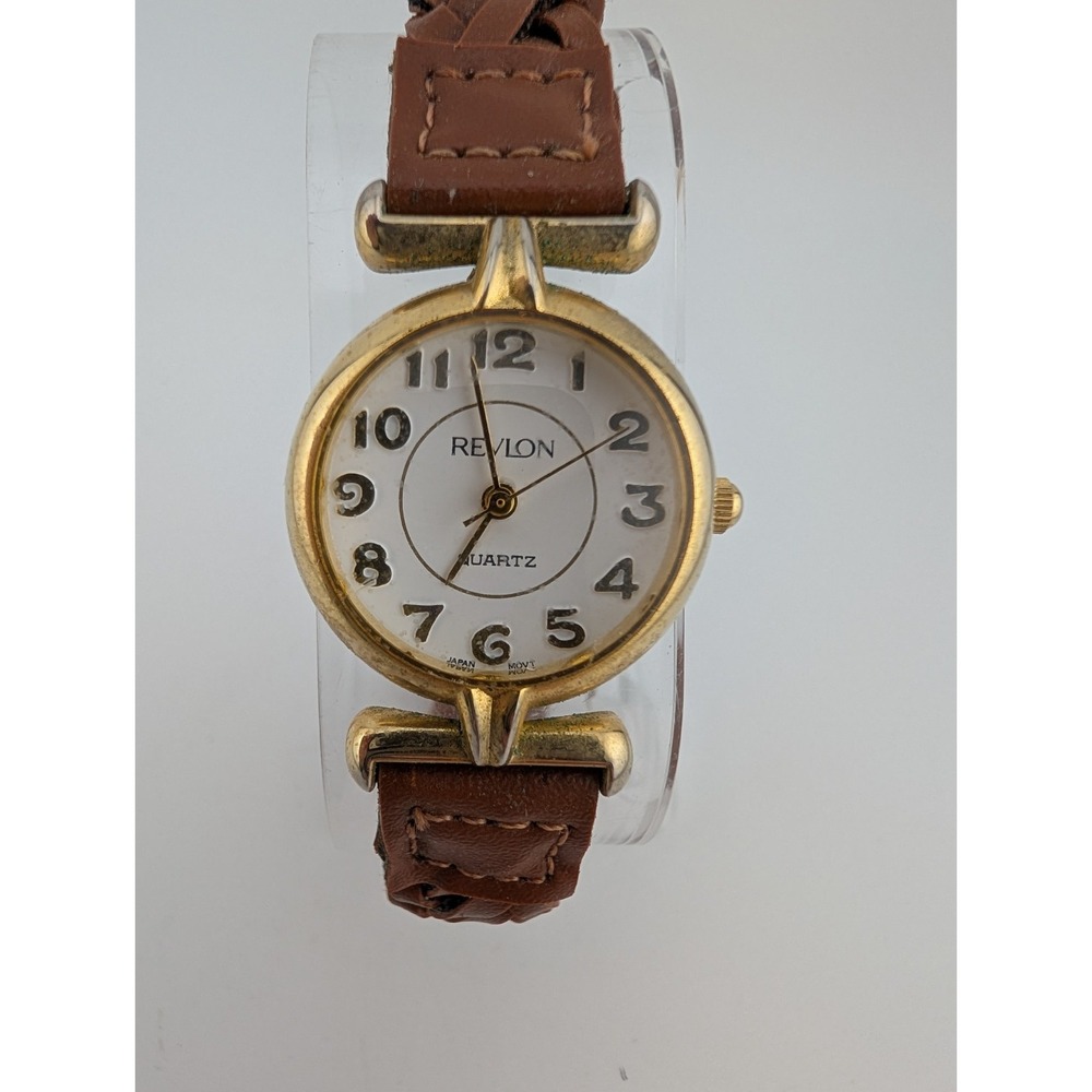 Vintage Revlon Watch Women 26mm Gold Case Braided Leather Band- New Battery